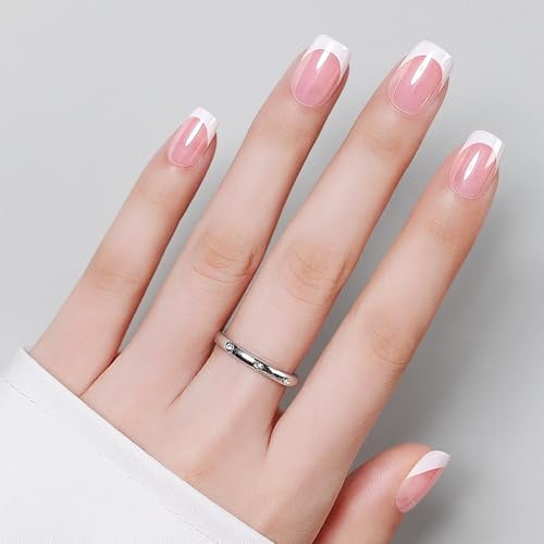 Luxbon Press On Nails Short Square avec colle à ongles et kit d’outils | Colle française sur les ongles 25-30pcs, pointes d’ongles en gel doux faux ongles réutilisables pour femmes, blanc chromé