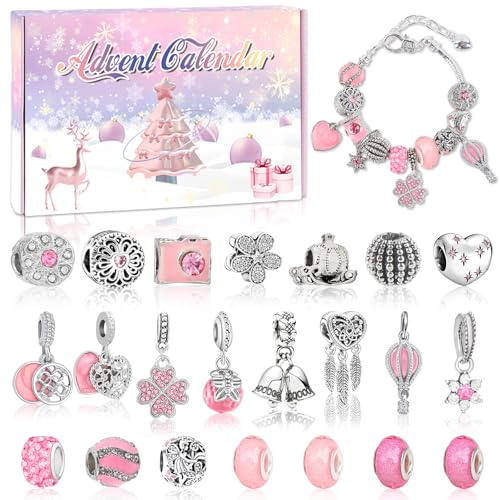 Schmuck Adventskalender 2025 MäDchen,Diy Spielzeug Perlen FüR Armbänder Selber Machen Anzug,24 Tage Weihnachtscountdown-Geschenke Geeignet FüR Frauen Und MäDchen,Rosa
