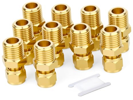 GASHER 10PCS Brass Compression Tube Pipe Fitting Connector, 4mm Tube OD x 1/4 BSP Male Connector