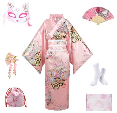 YOOCHUENG Kimono Déguisement Japonais Femme (EU 44-52),Geisha pour Carnaval | Yukata Traditionnel,Ceinture Réglable,Taille Unique,Kimono Cosplay avec Masque & Accessoires pour Fêtes,Coffret Cadeau Inclus
