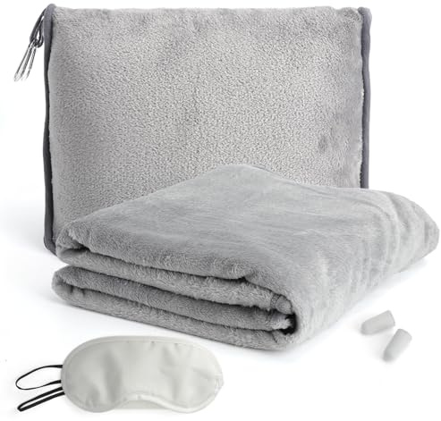 Couverture de Voyage Oreiller 2-en-1 avec Housse, Masque de Sommeil et Bouchons D’Oreilles Couverture Avion Douce et Compacte, Coussin Pliable pour Voiture, Camping, Bureau et Longs Vols