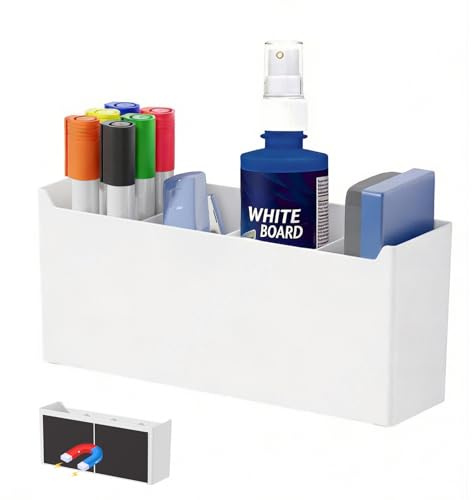 FRETONBA Magnetischer Stiftehalter Whiteboard, Stifthalter Magnetisch | Magnetisch Markerhalterung mit 3 Abnehmbare Trennplatten, Magnet Stiftablage für Schule, Kühlschrank (Groß, Weiß)