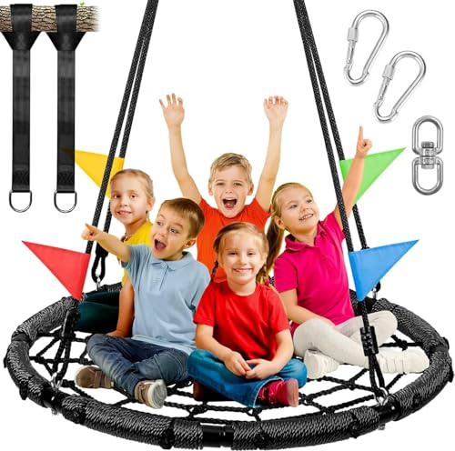 Spider Web Saucer Tree Swing for Kids Adults,120cm Children Tree Swing Set,with 100-160cm Adjustable Length Hanging Ropes,300kg Load Capacity Outdoor Swing