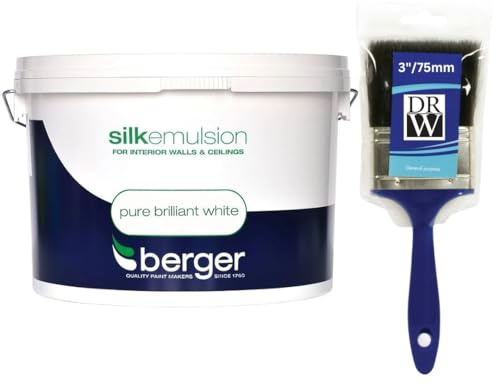 DRW Pure Brilliant White Walls and Ceilings Silk Emulsion Paint 10L+3 Paint Brush| Interior Wall and Ceiling Paint | Smooth Flat Silk Finish | Durable Everyday Room Paint
