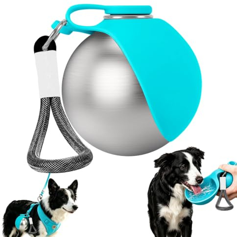 KUIRUNRX® Botella de Agua portátil para Mascotas, Botella de Agua para Perros de Acero Inoxidable 285ml, Bebedero Portátil con Bol de Silicón Plegable para Paseos, Senderismo & Viajes, Azul