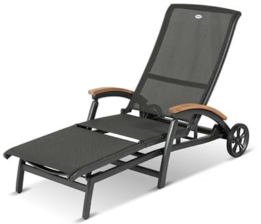 Hartman Gartenliege Da Vinci, Sonnenliege in anthrazit, Liege aus Aluminium Alu, Saunaliege mit Textilene-Bezug, FSC-Teak-Armlehnen