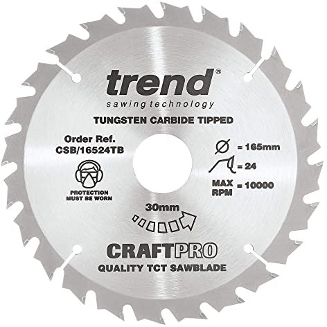 Trend Wood Cordless Circular Saw Blade, 165mm Diameter, 30mm Bore, 24 Teeth, 1.5mm Kerf, +15° Hook, TCT, Medium Finish, CSB/16524TB