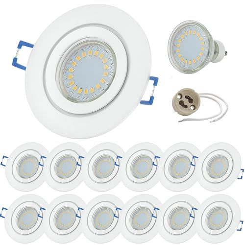 Sweet Led Einbaustrahler IP44 12er Set – Aluminium Rund weiß matt 68 mm – Deckenspots inkl. GU10 5W LED 3000K Warmweiß– Einbaurahmen Spritzwassergeschützt – für Bad, Küche und Feuchträume.