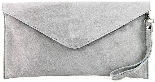 modamoda de T106 Damen Wildleder Rauleder Clutch Umhängetasche Abendtasche handmade in Italy, Farbe:Lichtgrau