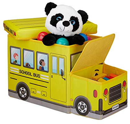 Relaxdays Sitzbox Kinder, Staubox mit Deckel, Spielzeug, faltbar, Schulbus, Stauraum, Jungen & Mädchen, 50 Liter, gelb