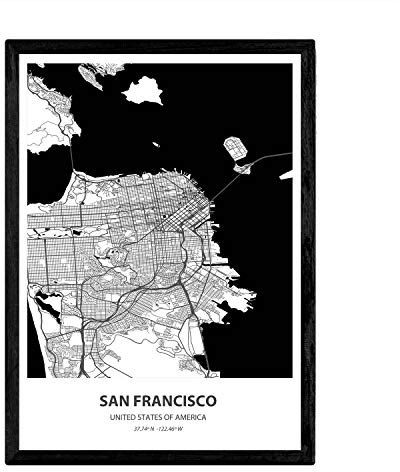 Nacnic Poster mit Karte von San Francisco - USA. Blätter von US-Städte mit Meeren und Flüssen in schwarz und weiß. A3
