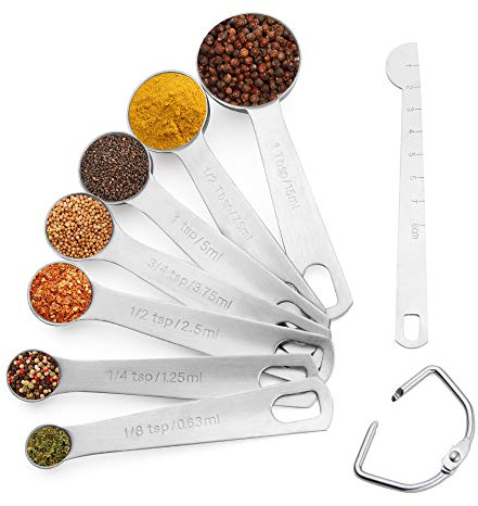 Set Cuilleres Doseuses en acier inoxydable 8 pièces avec règle de mesure Lot de Tasses et cuillères à mesurer pour Cuisine Cuisson Cuisson Ingrédients Liquide et Solide.