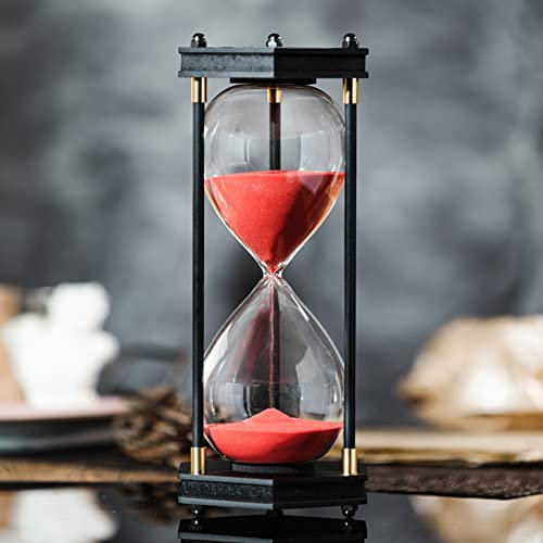 Grand sablier 60 minutes, cadre hexagonal décoratif avec sable rouge