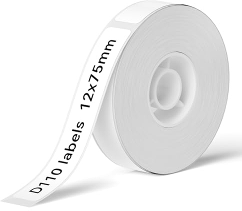 NIIMBOT D110/D11/D101 Etiketten Selbstklebend zum Beschriften,12 x 75mm Etikettendrucker Thermo Papier für Schule, Zuhause, Büro, Kleine Unternehmen,1 Rollen 130 Etiketten/Rolle (Weiß)
