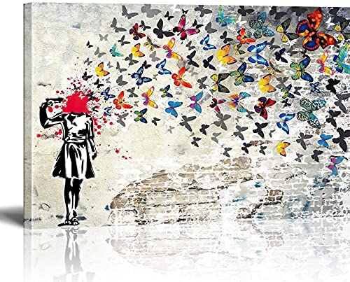 MJEDC Banksy Bilder Leinwand Butterfly Girl Graffiti Street Art Leinwandbild Fertig Auf Keilrahmen Kunstdrucke Wohnzimmer Wanddekoration Deko XXL 80x140cm(31.5x55.1inch)