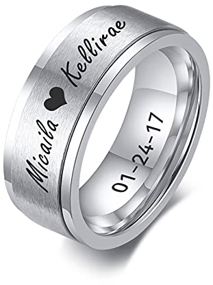 FLHEART Personalisierter Spinner Ring, Fedget Band Ring, Edelstahl Minimalist Band Stil benutzerdefinierte Name Ring Versprechen Verlobung Ehering für Herren, Silber, 8mm, Größe 64 (20.4),Silver