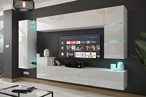 Furnitech Wohnwand Wohnzimmer | Hängend Wohnwand Modern | Wohnzimmer Schrankwand mit Regale und TV Schrank | Wohnzimmer Möbel ohne LED (AN90NEW-21W-HG2)