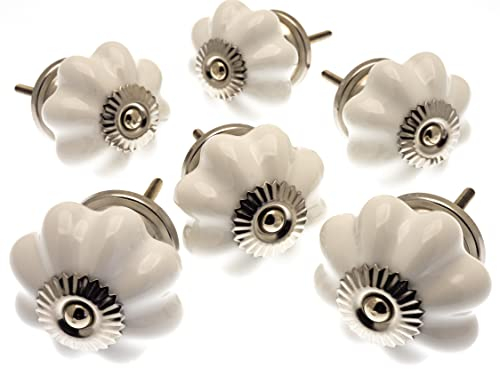 Mango Tree - Set of Plain Flower White Ceramic Cupboard Knobs x Pack 6