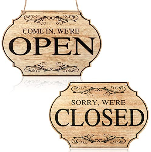 Cartello in legno rustico aperto e chiuso, con scritta Come in We Open or Closed Store da appendere per vetrine di bar, bar, negozi, 30 x 7,8 cm (tavola color legno, parole nere)