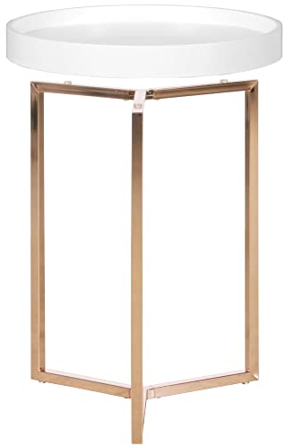 möbelando Design Beistelltisch Weiß/Kupfer ø 40 cm Tabletttisch Holz Metall | Wohnzimmertisch mit Tablett Sofatisch modern | Kaffeetisch rund