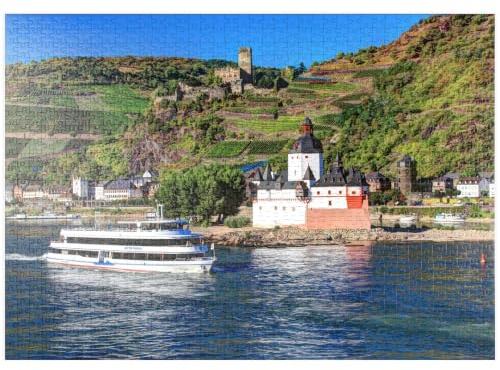 MyPuzzle Ausflugsschiff auf dem Rhein mit Burg Pfalzgrafenstein und Burg Gutenfels in Kaub - Premium 1000 Teile Puzzle - MyPuzzle Sonderkollektion von Puzzle Galaxy