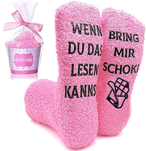 Zemolo Lustige Socken Geschenke für Frauen Mama Muttertag Kuschelsocken WENN DU DAS LESEN KANNST Socken Spruch Schoki Witzige Sock Damen Flauschsocken Weihnachtssocken Adventskalender Geburtstag