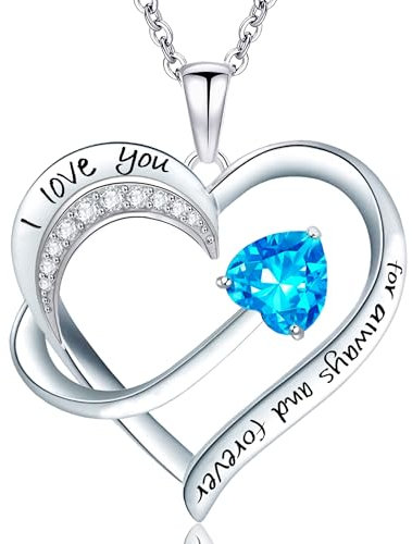 Emma Manor EM Collana Con Ciondolo Cuore D'amore per Donna Placcato Oro Bianco 18k 5A Cubic Zirconia Inciso Ti amo Gioielli Regalo per Ragazze Moglie (Mare Blu)