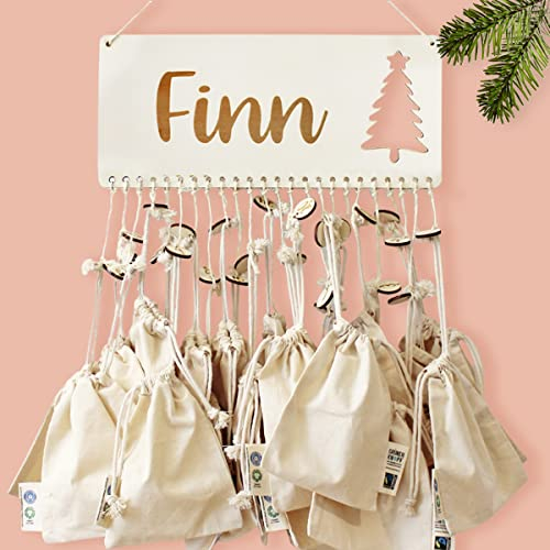 Personalisierter Adventskalender Weihnachtsbaum zum Befüllen | 24 Baummwollsäckchen und Zahlen | Adventskalender Kinder