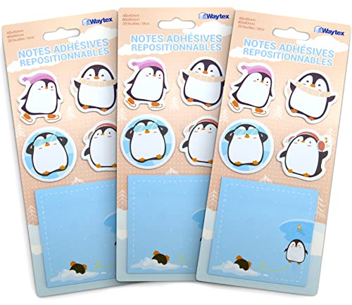 WAYTEX 300 Haftnotizen, wiederverwendbar, Fantasie, niedliche Tiere, 3 Aufsteller mit 100 Notizen, 4 Mini-Blöcke in Pinguin-Form und 1 quadratischer Block 8 x 8 cm, bedruckt