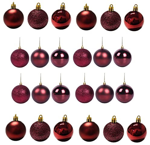 24 Bolas de Navidad inastillables de 50 mm, Color borgoña, decoración de árbol de Navidad, Bolas de Adorno de Navidad, Decoraciones Colgantes de Navidad, decoración navideña, Brillante, Mate,