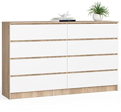 AKORD Kommode K160 160 cm | 8 Schubladen | für das Wohnzimmer | für das Schlafzimmer | für das Arbeitszimmer | Büro | B160 x H99 x T40 cm | Gewicht 75,10 kg | Sonoma Eiche/Weiß
