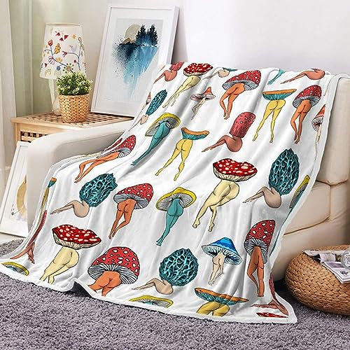 Überwurfdecke mit lustigem Pilz-Hintern, lustig, niedlich, sexy Po, 70er-, 80er-Jahre-Fleece-Flanelldecke, Hippie, psychedelisch, ästhetisch, bunt, einzigartig, cool, weiche Decke für Bett, Couch,