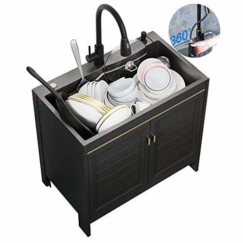 Meuble Cuisine Lavabo avec 2 Porte,Évier de Cuisine 1 Bac,Meuble Bas Baie économique avec Meuble Sous-évier,Lavabo Professionnel en Acier Inox,Evier Buanderie Indépendant,Robinet avec Tête Extensible