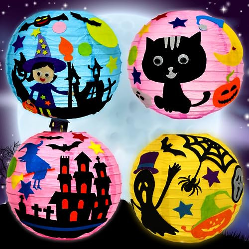 4 Stück Halloween Papierlaternen, Halloween Laterne Papier, DIY Papierlaterne, Papierlaterne mit Stab, Faltbare Papierlaternen für Halloween/Outdoor/Sankt Martin Party/Partydekorationen