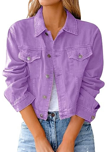 L9WEI Veste en jean vintage pour femme - Veste courte mi-saison avec bouton décontracté à revers Kura, X01 - violet, M
