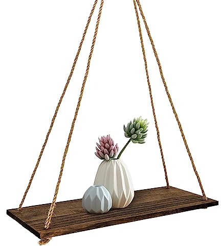 FuninCrea Mensole Sospensione in Legno, 35*14*1cm Scaffale da Parete Rustico, Muro Mensola Appeso Con 2 Corde di Canapa, Scaffali Galleggianti per Decorazione Della Stanza (Marrone)