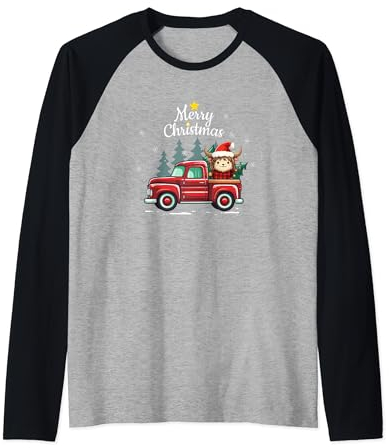 Yak Christmas Truck Plaid Lustiger Weihnachtsbaum Raglan