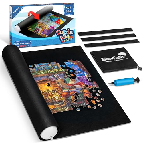 Sancallie Jigsaw Puzzle Mat Roll Jigsaw Storage Felt Mat, Jigroll Up to 2,000 Pieces Puzzle Player, Gift Box with Drawstring Storage Bag, 3 Elastic Band, Hand Pump