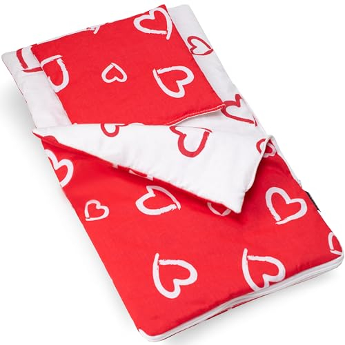 PinkZebra Puppenschlafsack 2-teiliger Set für Puppen, Puppenschlafsack mit Kissen für Puppenbett,e, Puppenbettzeug beidseitig, aus Baumwolle, Herzchen Rot