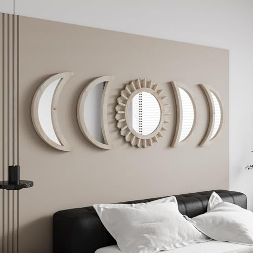 WAKOSAN Wandspiegel, Mondphasenspiegel-Set, Wanddekoration für Schlafzimmer, Bohemian-Stil, Holz- und Echtglasspiegel mit kristallklarer Reflexion, gotisches Dekor, Mehrwinkel-Installation (Weiß)