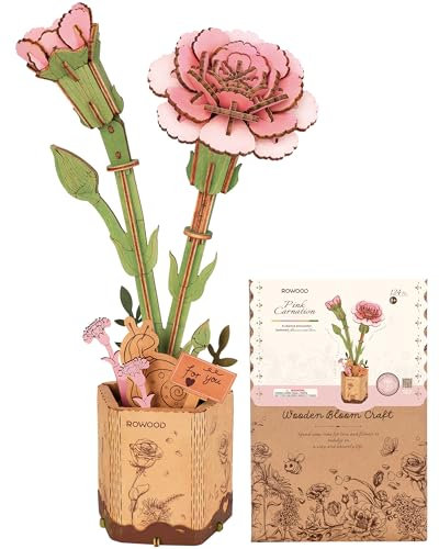 rowood 3D Puzzle Rosa Nelke, DIY-Blume Aus Holz, Modellbausätze Für Künstliche Blumen Zum Zusammenbauen Für Erwachsene, Beste Heimdekoration Und Valentinstags-Spielzeug-Geschenkset
