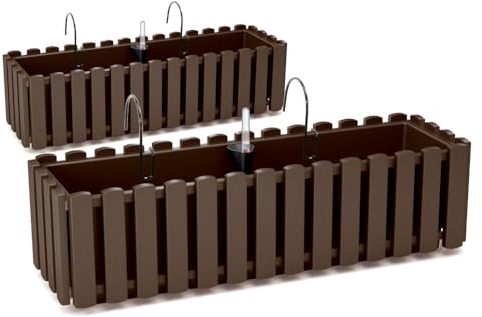Tymar Blumenkasten mit Halterungen landhausstil, Balkonkasten lattenoptik, Pflanzkasten Landhaus, 2er-Pack, Garten, Balkon, Terrasse (Braun, 60 cm)
