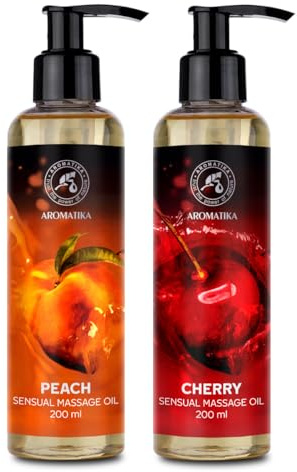 Sinnliches Massageöl Pfirsich & Kirsche 2x200 ml - Massageöl für Paare | Körperöl mit Mandelöl Traubenkernöl und Macadamiaöl, Peach & Cherry Massage Oil, Körperöl, Hautpflege, Körperpflege, Pflegeöl