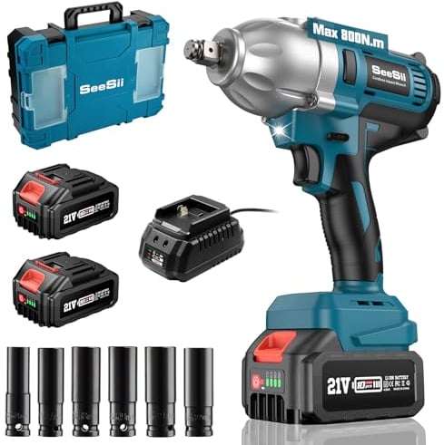 Seesii Avvitatore A Impulsi a Batteria 700Nm, Professional 1/2 Elevata Avvitatori a Massa Battente con Batteria 8000mAh, 6 Bussola(14/17/18/19/21/22), Avvitatore Batteria per Auto Casa