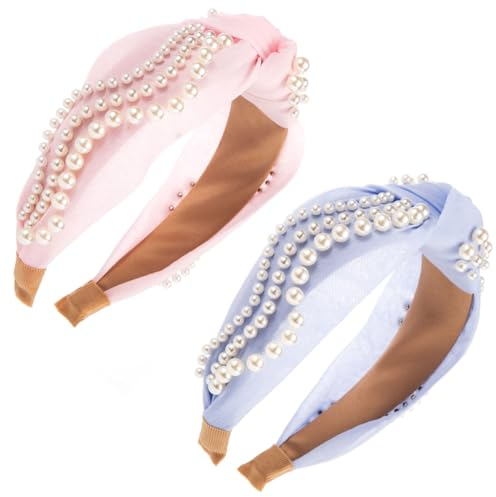 scicent Haarreif Dirndl 2 Stück Mode Haarreifen Perlen Damen Breit Weißes Perle Haarband Breit Elastisches Stirnband Kunstperlen Kopfschmuck Hochzeit Haarschmuck für Frauen und Mädchen - 26425