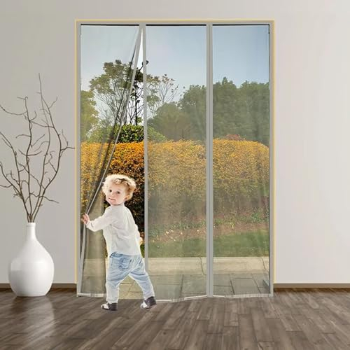 Moustiquaire Porte, Double Ouverture Moustiquaire Aimantée Porte de Balcon, Aimants Plus Puissants, Bande ruban adhésif de 4cm de Largeur, Toile Fibre de Verre Robuste(260x210cm,gris)