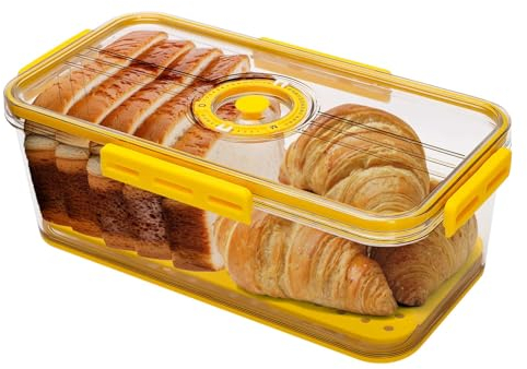 Airtight Bread Storage Container, Durable Clear Food Storage Bins, Time Recording Bread Keeper with Lid for Homemade Bread Toast Bagel (Yellow)
