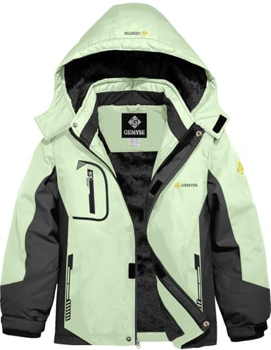 GEMYSE Jungen Skijacke Wasserdichte Winddichte Winterjacke Warm Gefütterte Kinder Schneejacke mit Kapuze für Outdoor(Aquagrün Und Schwarz,152-158)