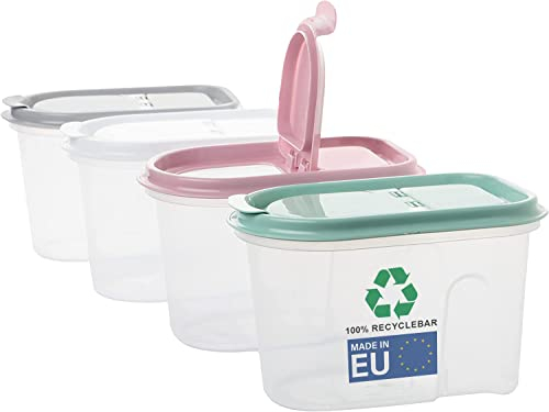 LIVINJA Vorratsdosen 4er Set Mix 1L, Schüttdosen, transparent mit Klappdeckeln, Müslispender, aus Kunststoff, ideal z.B. für Müsli, Made in Europe, 100% recyclebar