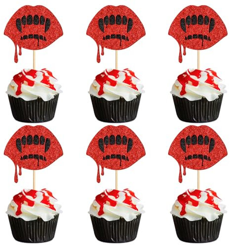 Ercadio 24Pcs Halloween Cupcake Toppers Glitter Red Vampire Teeth Cupcake Picks for Halloween Horror Movie Bloody Theme Birthday Party Cake Decorations Supplie ﻿
